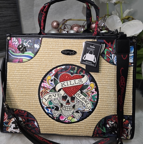 Ed Hardy Tattoo Heart Skull Embroidered Applique Metal Logo Plate Tote Bag New